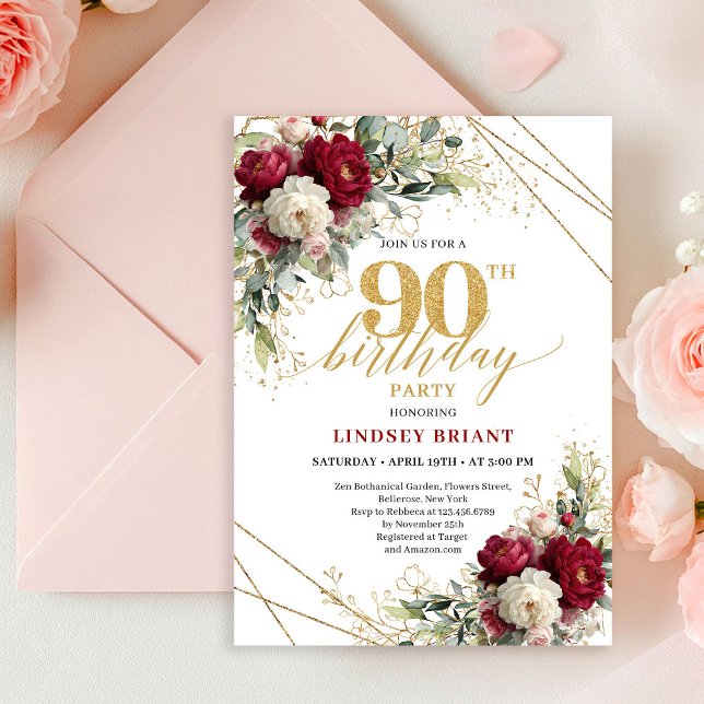 Elegant Burgundy White Floral Gold 90th Birthday  Inbjudningar (Elegant Burgundy White Floral Gold 90th Birthday Invite)
