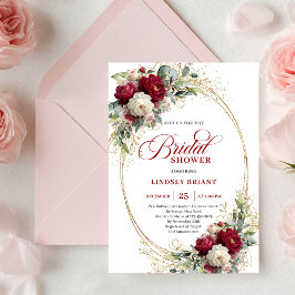 Elegant Burgundy White Floral Gold Bridal Shower Inbjudningar