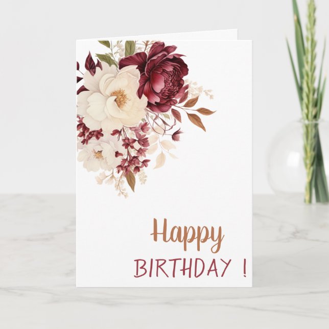 Elegant Burgundy White Flowers Ro Birthday Kort (Framsida)