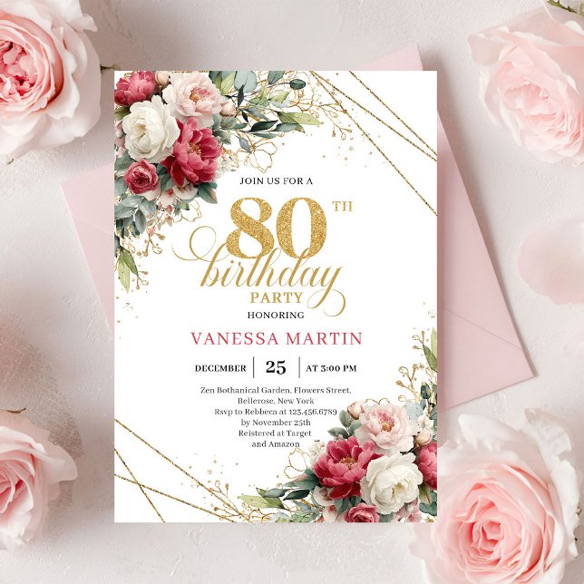 Elegant Burgundy White Gold 80th Birthday Invite Inbjudningar (Elegant Burgundy White Gold 80th Birthday Invite)