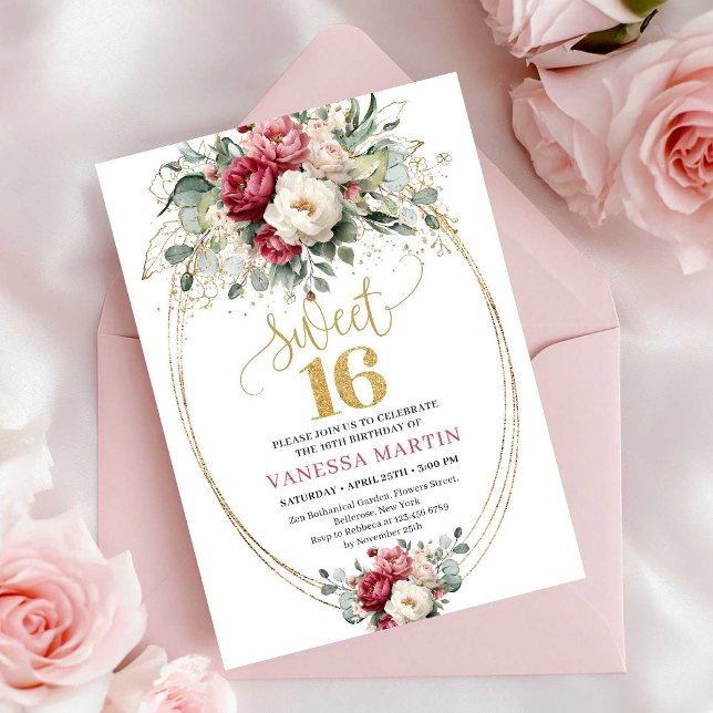 Elegant Burgundy White Gold Floral Sweet Sixteen  Inbjudningar (Elegant Burgundy White Gold Floral Sweet Sixteen Invite)