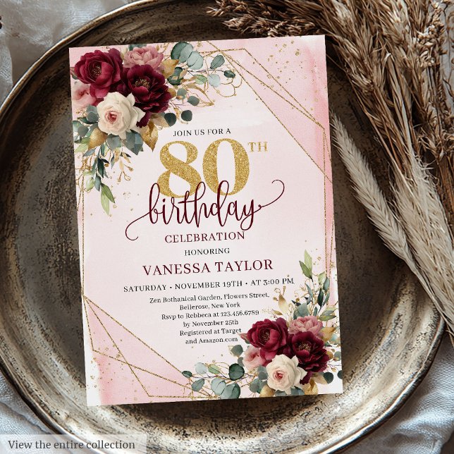 Elegant Burgundy White Guld Ro 80-årsdagen Inbjudningar (Elegant Burgundy White Gold Roses 80th Birthday Invitation)