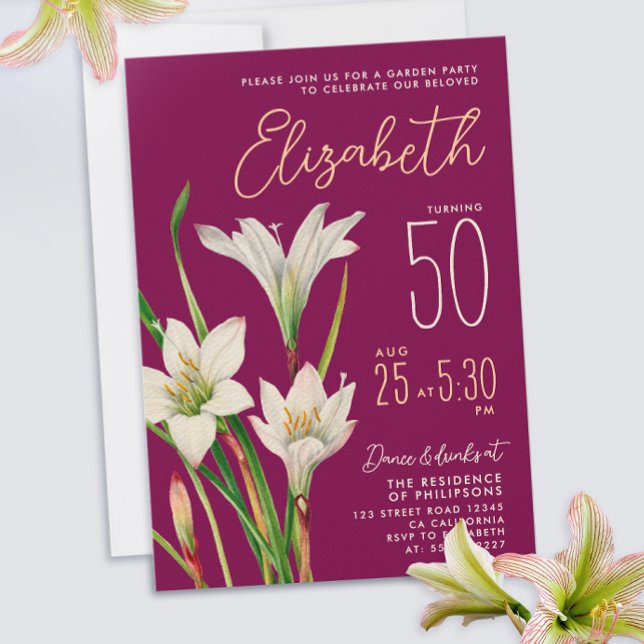 Elegant Burgundy White Lily Flowers Illustration Inbjudningar (Skapare uppladdad)