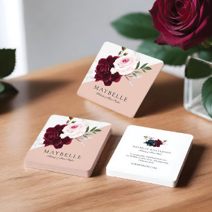 Elegant Burgundy & White Marble Watercolor Blommig Fyrkantigt Visitkort