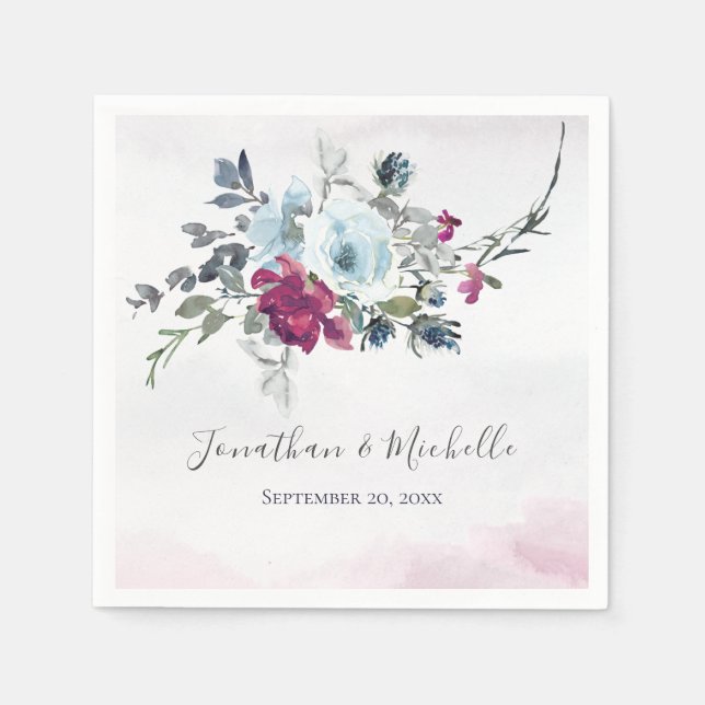 Elegant Burgundy White och Blue Ro Bröllop Pappersservett (Framsidan)