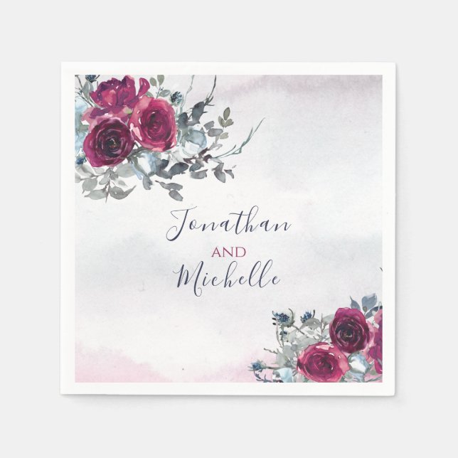 Elegant Burgundy White och Blue Ro Bröllop Pappersservett (Framsidan)
