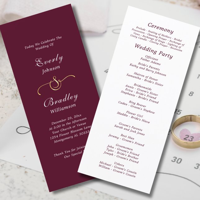 Elegant Burgundy White Script Fall Winter Wedding Program (Skapare uppladdad)
