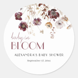 Elegant Burgundy WildblomGirl Baby Shower Runt Klistermärke