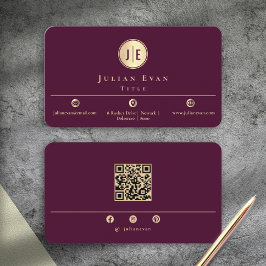 Elegant Burgundy Wine Gold Shiny Circle Monogram Visitkort