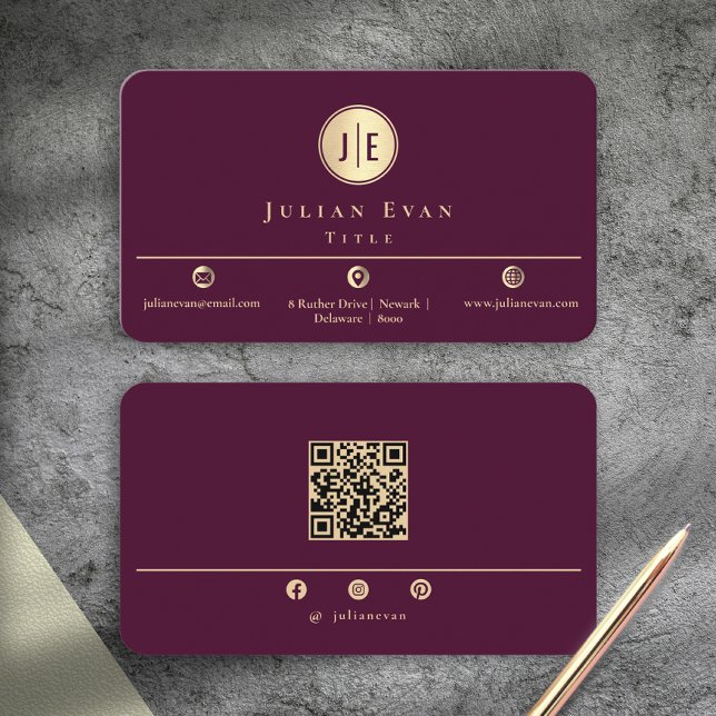 Elegant Burgundy Wine Gold Shiny Circle Monogram Visitkort (Elegant Burgundy Wine Gold Shiny Circle Monogram Business Card)