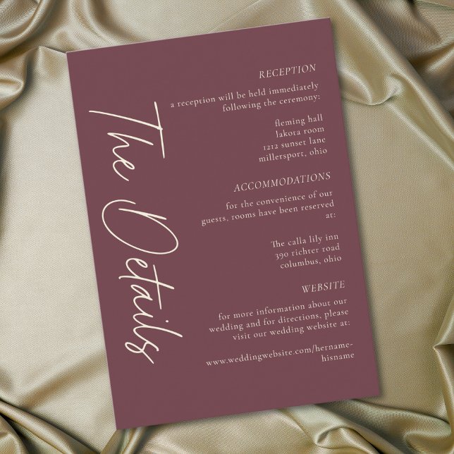 Elegant Burgundy Wine Minimalist Wedding Tilläggskort (Elegant Burgundy Wine Minimalist Wedding Enclosure Card)