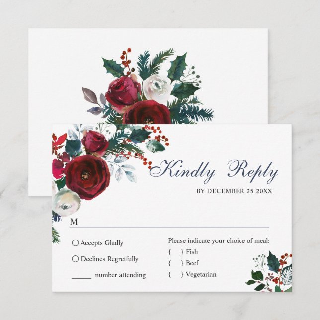 Elegant Burgundy Winter Ro Greenery Bröllop OSA Kort (Fram/baksida)