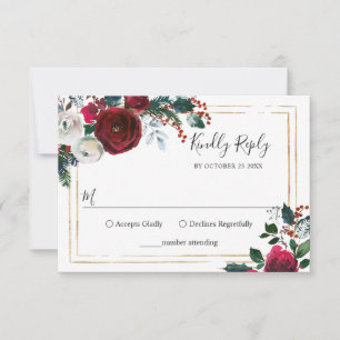 Elegant Burgundy Winter Ro Greenery Bröllop OSA Kort