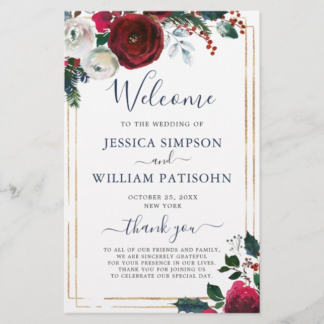 Elegant Burgundy Winter Wedding Ceremony Program (Framsida)