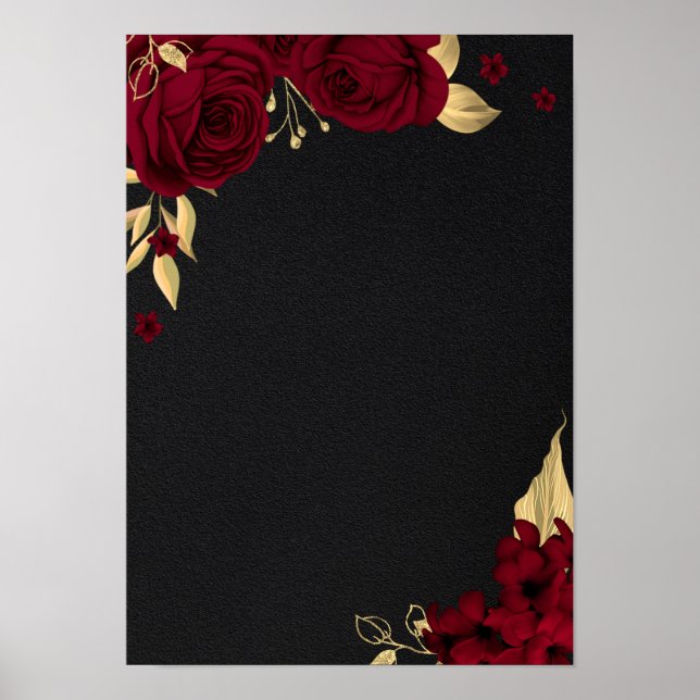 elegant burguny guld blommigt svart poster (Framsidan)