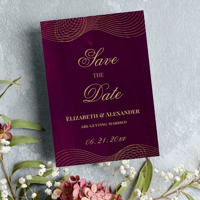 Elegant burguny guld geometric Spara datum Inbjudningar (Elegant burgundy gold geometric Save the Date )