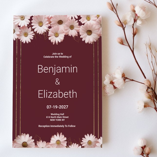 Elegant burguny rosa daisy guld blommor Bröllop Inbjudningar (Elegant burgundy pink gold daisy flowers Wedding )