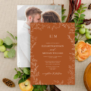 Elegant Burnt Orange Löv Photo Monogram Bröllop Inbjudningar