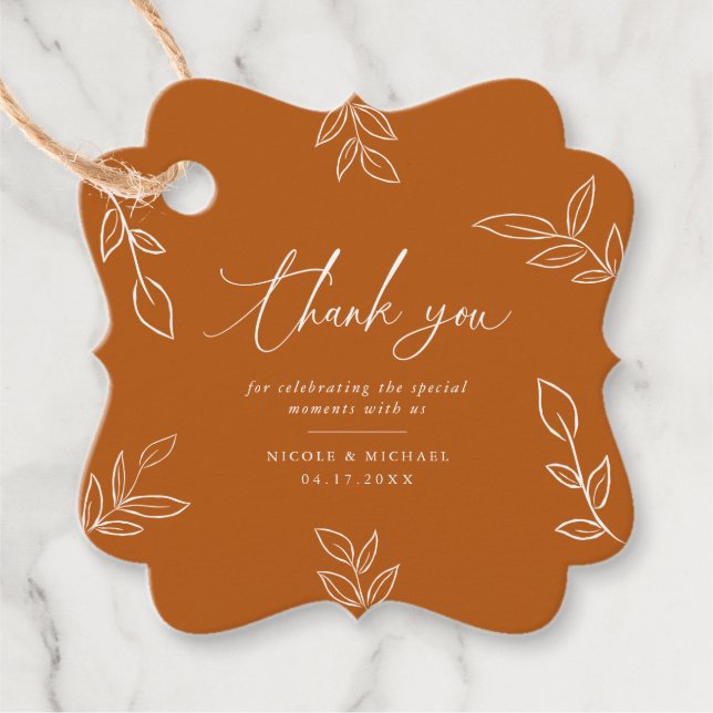 Elegant Burnt Orange Löv Tack Bröllop Gåvor Etiketter (Framsida)