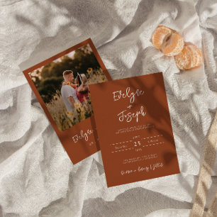 Elegant Burnt Orange Photo Boho Modern Bröllop Inbjudningar