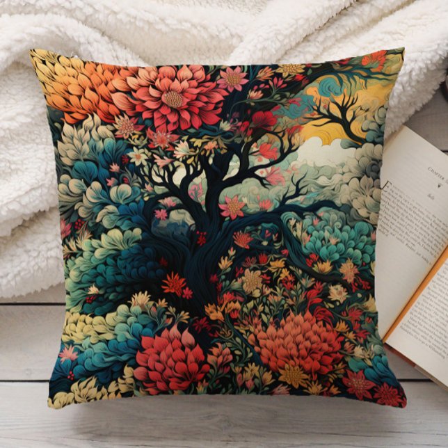 Elegant Burnt Orange Teal Guld Nature Chinoiserie Kudde (Orange and teal leaves in forest pillow)
