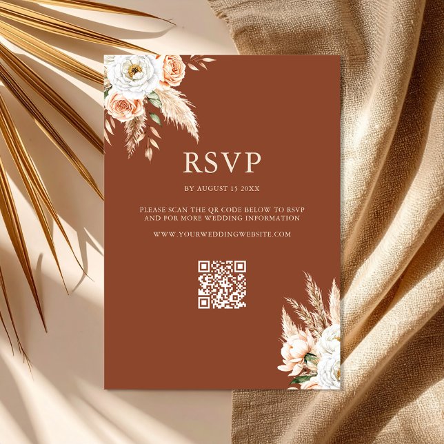 Elegant Burnt Orange Terracotta Blommigt Bröllop OSA Kort (Elegant Burnt Orange Terracotta Floral Wedding RSVP Card)