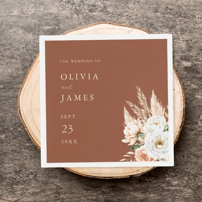 Elegant Burnt Orange Terracotta Blommigt Bröllop Pappersservett (Skapare uppladdad)