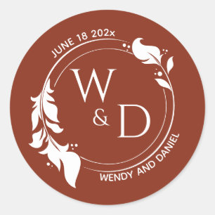 Elegant Burnt Sienna Foliage Dubbla Ring Monogram Runt Klistermärke
