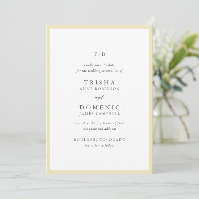 Elegant Butter Gult Monogram Modern Bröllop Spara Datumet (Stående Fram)