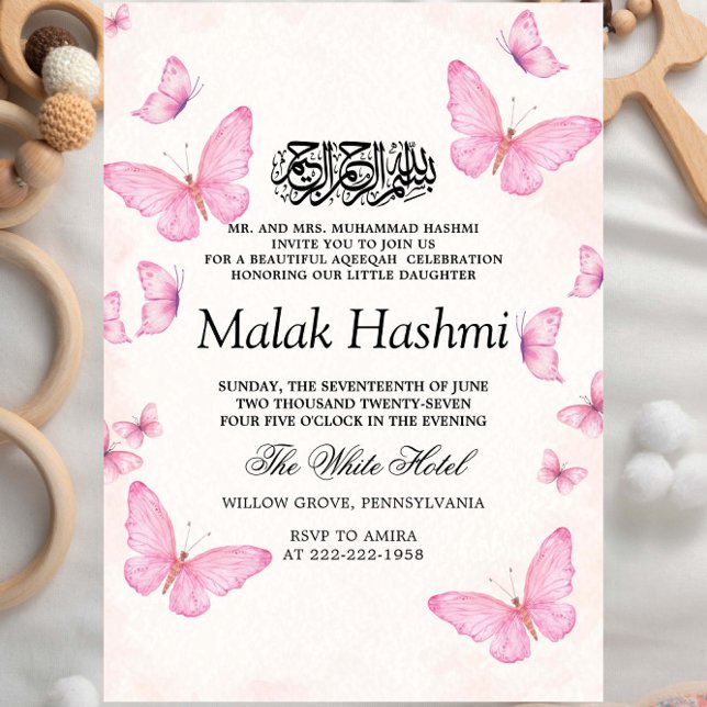 Elegant Butterflies Baby GirI Islamic Aqiqa Aqeeqa Inbjudningar (Skapare uppladdad)