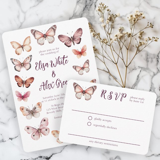 Elegant Butterflies Bröllop ANPASSNINGSBAR OSA Tilläggskort (Elegant Butterflies Wedding CUSTOM RSVP Response Enclosure Card
)