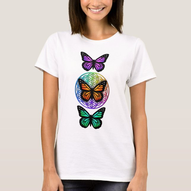 Elegant butterflies, färglös blomma av liv t shirt (Framsida)