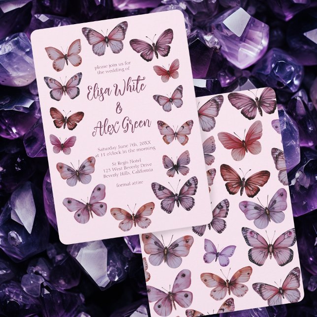 Elegant Butterflies Personligt bröllp Inbjudningar (Elegant Butterflies CUSTOM Purple Pink Wedding Invitation
)