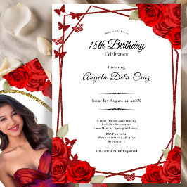 Elegant Butterflies Red Roses 18th Birthday Debut Inbjudningar