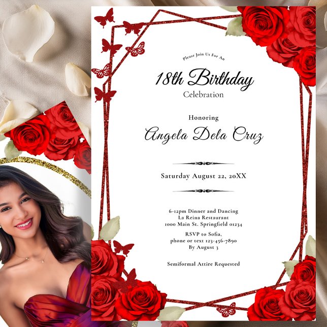 Elegant Butterflies Red Roses 18th Birthday Debut Inbjudningar (Skapare uppladdad)
