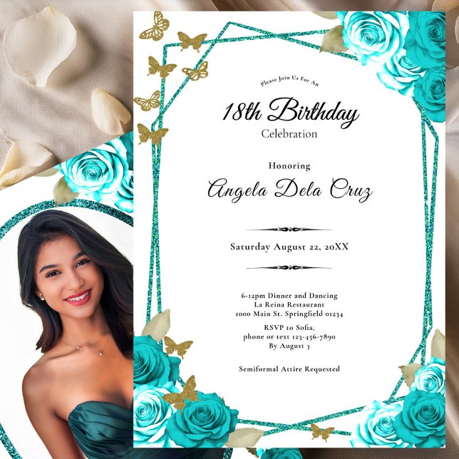 Elegant Butterflies Teal Roses 18th Debut Birthday Inbjudningar (Skapare uppladdad)
