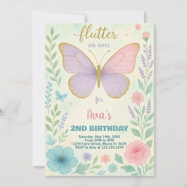 Elegant Butterfly Birthday-inbjudan Inbjudningar (Framsida)