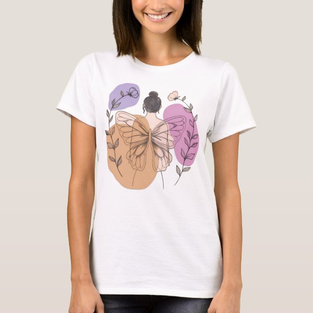 Elegant Butterfly Fairy Woman Line Art T Shirt (Framsida)