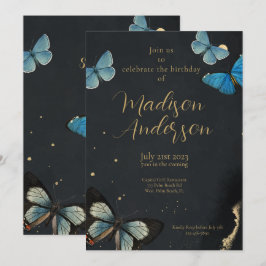Elegant Butterfly Guld Black Vuxen Birthday Inbjudningar