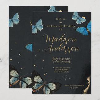 Elegant Butterfly Guld Black Vuxen Birthday Inbjudningar