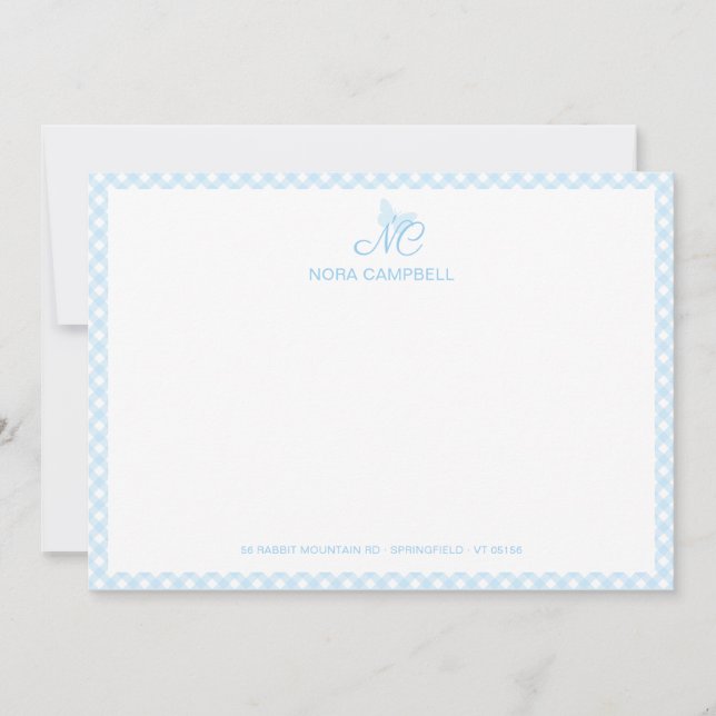 Elegant Butterfly Monogram Baby blue Gingham Play Anteckningskort (Framsida)
