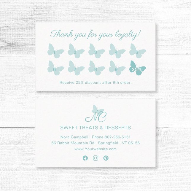 Elegant Butterfly Monogram Cute Pastel Turcos Lojalitetskort (Elegant pastel turquoise butterfly thank you for your loyalty business card with social media icons.)