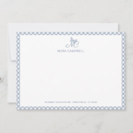 Elegant Butterfly Monogram Dusty Blue Gingham Anteckningskort