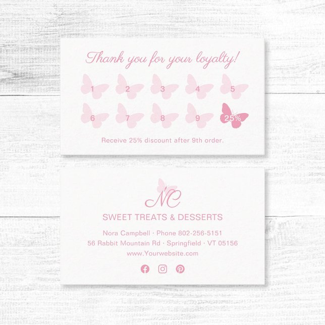 Elegant Butterfly Monogram Girly Cute Baby Rosa Lojalitetskort (Elegant baby pink butterfly thank you for your loyalty business card with social media icons.)