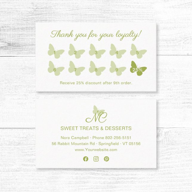 Elegant Butterfly Monogram Grönt Business Lojalitetskort (Elegant light green butterfly thank you for your loyalty business card with social media icons.)