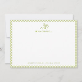Elegant Butterfly Monogram Grönt Gingham Note Card Anteckningskort