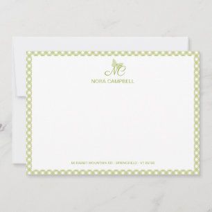 Elegant Butterfly Monogram Grönt Gingham Note Card Anteckningskort