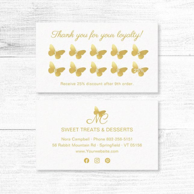 Elegant Butterfly Monogram Guld Tack för din Lojalitetskort (Elegant, gold butterfly monogram thank you for your loyalty card with social media icons.)