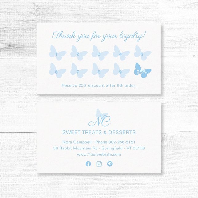 Elegant Butterfly Monogram Logotyp Cute Baby blue Lojalitetskort (Elegant baby blue butterfly thank you for your loyalty business card with social media icons.)
