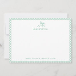 Elegant Butterfly Monogram Mint Grönt Gingham Anteckningskort